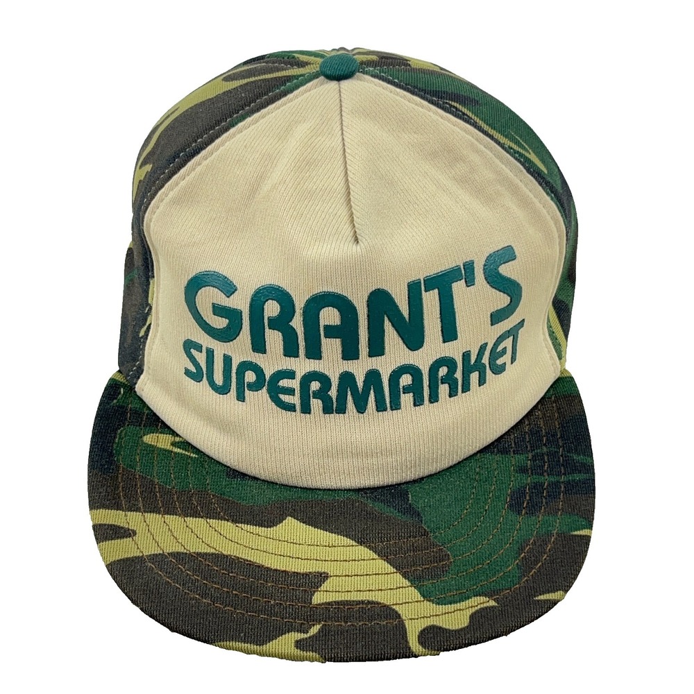 Vintage Grants Supermarket Trucker Hat Cap Green Camo Made In USA 80s Army WV